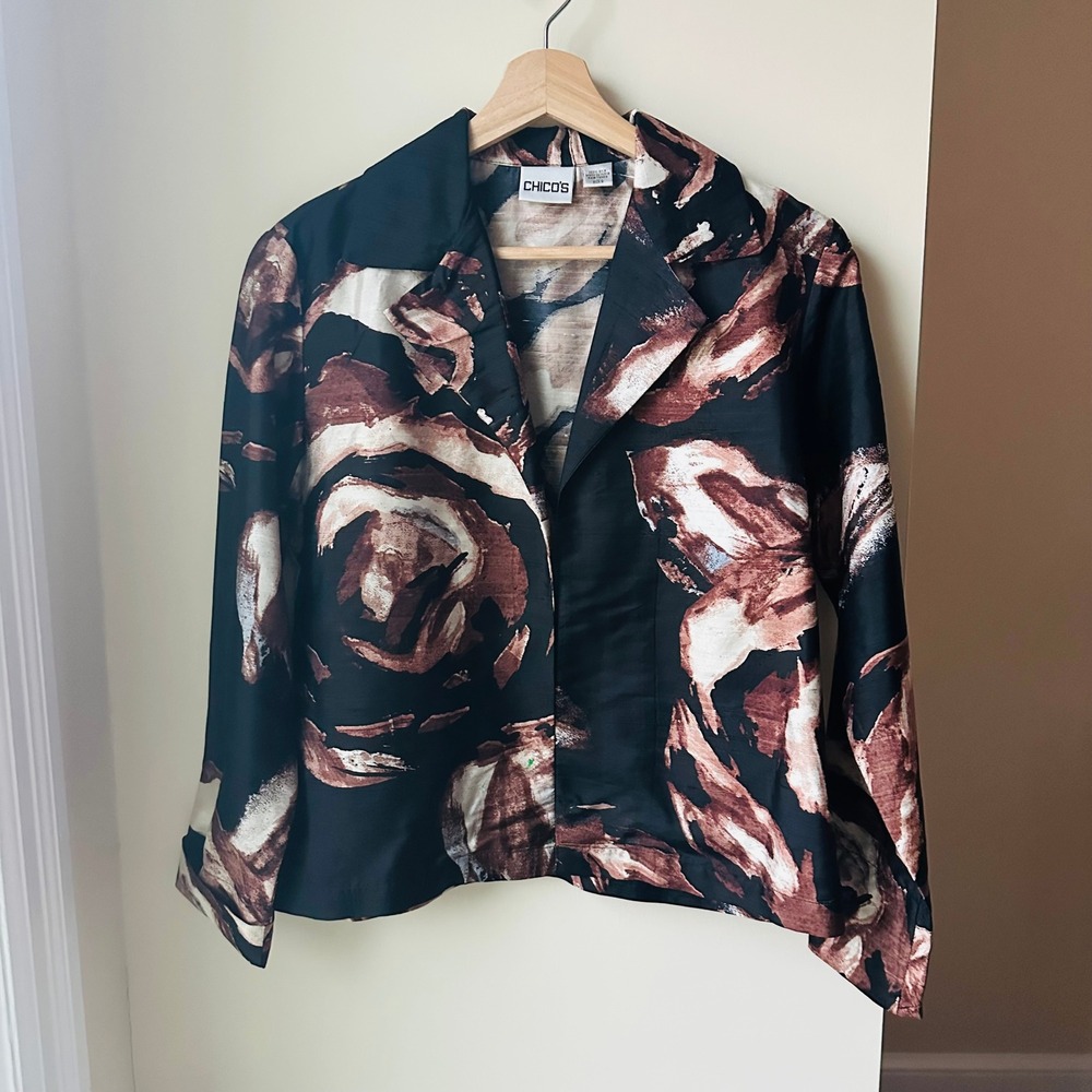 Vintage‎ Chico's 100% Silk Cropped Floral Jacket Blouse Size 0 Small - Picture 2 of 6